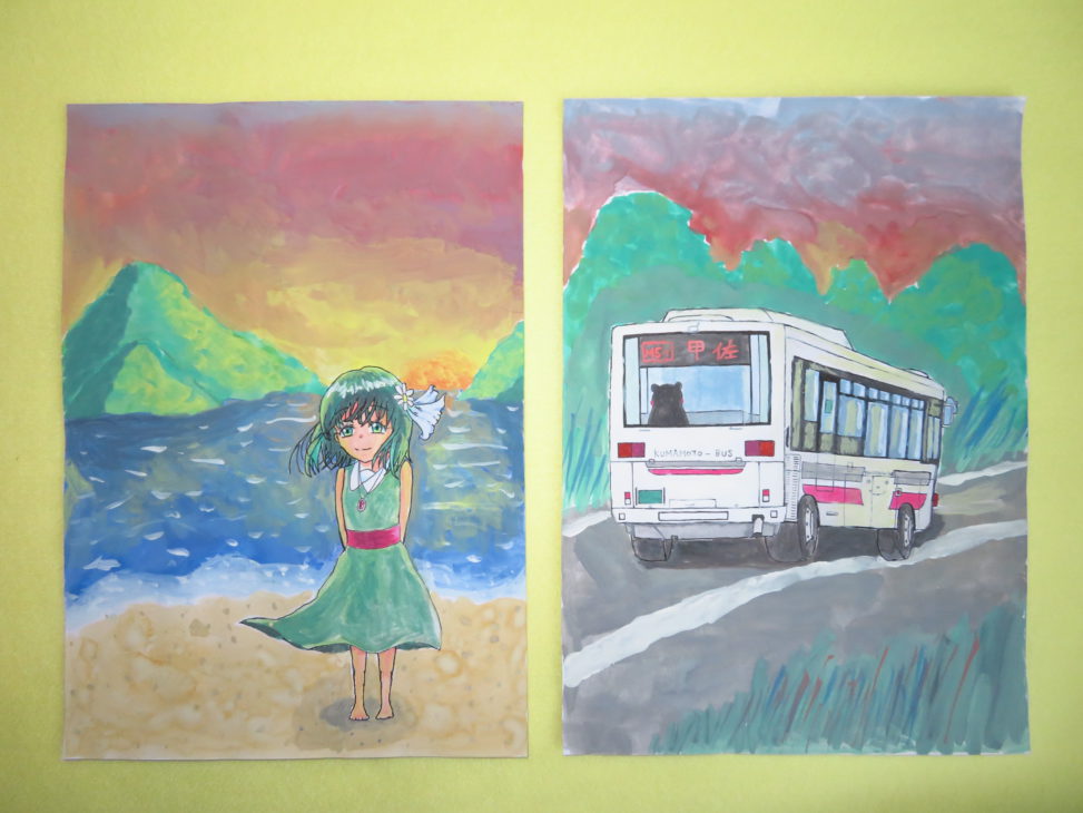 海辺から見る夕焼け、笑顔と幸せを運ぶバス